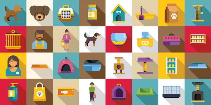 Pet shop interior icons set. Pet shop icons showing dogs, cats, food, and pet store workers with long shadows vector