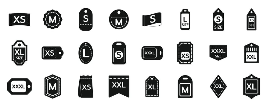 Size label cloth icons set. Clothes size tags showing different sizes from extra small to extra extra large for clothes and accessories in simple style vector