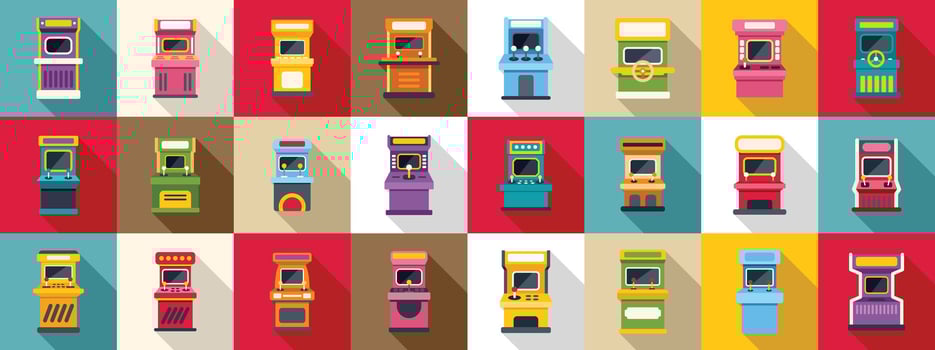 Retro arcade video game screen machine icons set. Large set of arcade game cabinets bringing back the nostalgia of the eighties vector