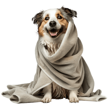 Smiling cute dog sitting with wrap in towel after bathing side view isolate on transparency background png