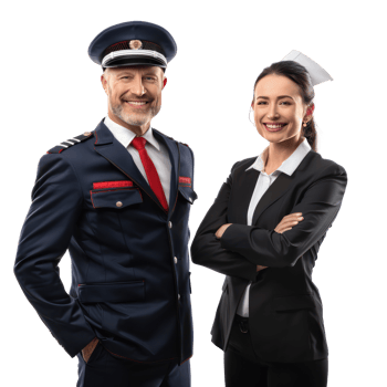 Friendly smiling pilot and flight attendant standing isolate on transparency background png
