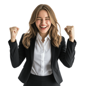 Young business woman with clenching fists gesture and celebrating success isolate on transparency background png