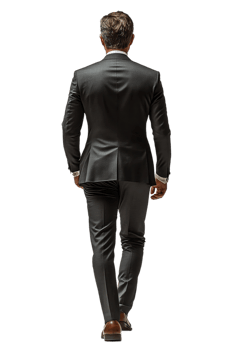 Rear view of a man in a black suit standing isolated on transparent background png