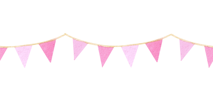 Watercolor seamless border with a garland of pink flags. Hand drawn border isolated on white background. Design of greeting cards, party decoration, invitations, birthday. Cute girly style png
