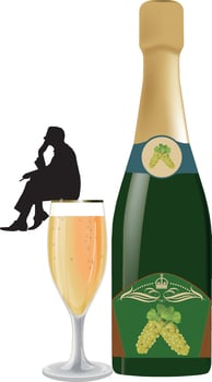 Businessman thinking about drinking sparkling wine from a big bottle vector