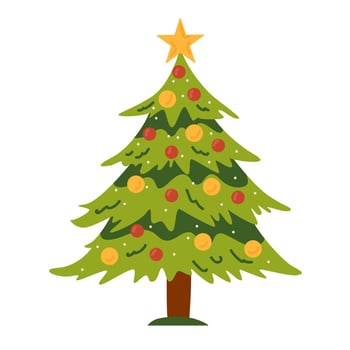 Traditional Xmas tree decorated with festive baubles, garland. Artificial spruce on stand. Flat illustration isolated on white background vector