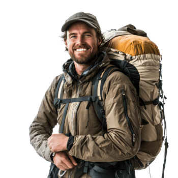 Smiling hiker man carrying backpack isolate on transparency background png