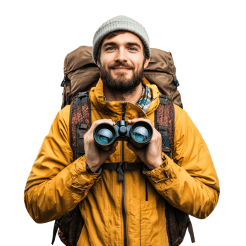 Young hiking man holding binoculars front view isolate on transparency background png