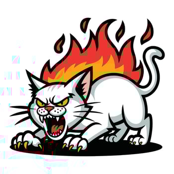 Cartoon Angry White Cat on Fire Illustration vector