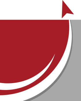 A red and black logo with a curved arrow png