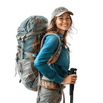 Smiling hiker woman carrying backpack side view isolate on transparency background png