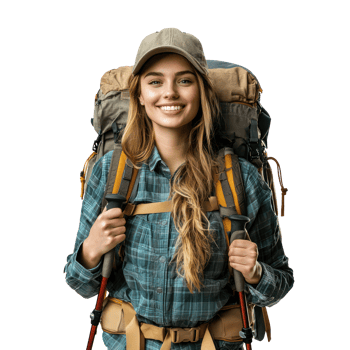 Smiling hiker woman carrying backpack front view isolate on transparency background png