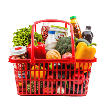 Red plastic Shopping basket with variety of grocery products front view isolate on transparency background png