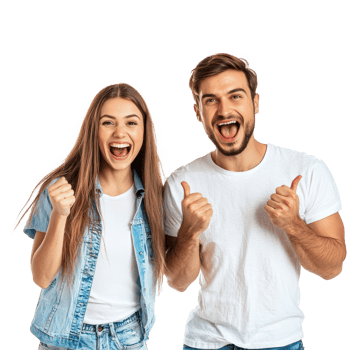 Excited young couple rejoicing success gesture, standing isolate on transparency background png