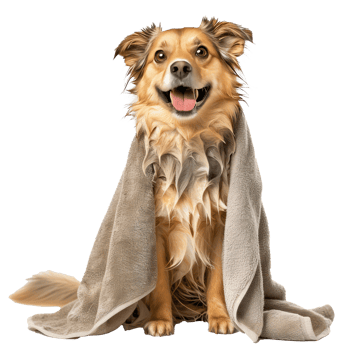 Smiling cute dog sitting with wrap in towel after bathing side view isolate on transparency background png