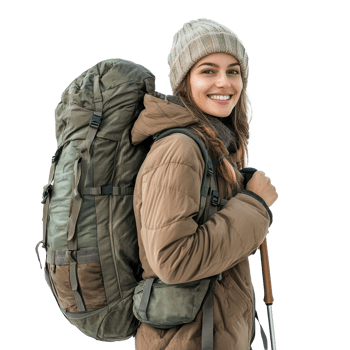 Smiling hiker woman carrying backpack side view isolate on transparency background png