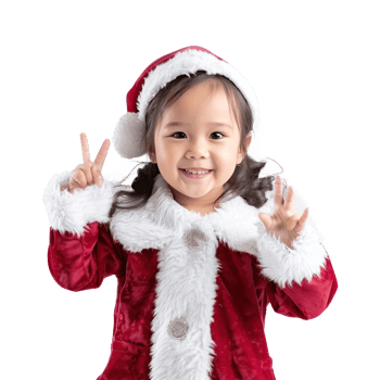 Smiling little girl in a Santa Claus costume with hand gesture front view isolate on transparency background png