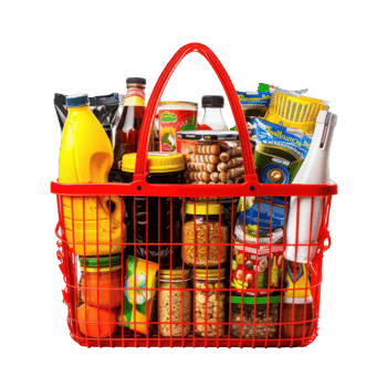 Shopping basket with variety of grocery products front view isolate on transparency background png
