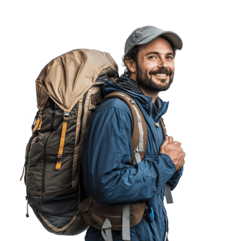 Smiling hiker man carrying backpack side view isolate on transparency background png