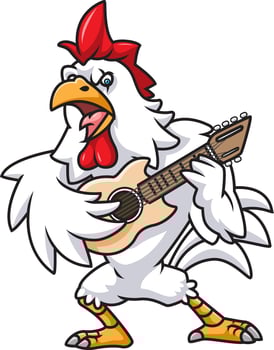 A rooster plays the guitar. Rooster musician Wild Animal Character vector