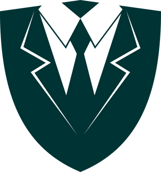 A green and white logo with a suit and tie png