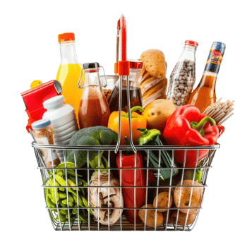 Shopping basket with variety of grocery products isolate on transparency background png