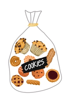 Several types of cookies and cupcakes are wrapped in transparent plastic vector