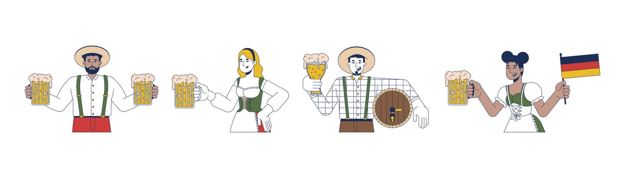 Diverse party guests enjoying oktoberfest 2D cartoon characters set. Positive adults with craft beer having fun isolated people flat on white background. Spot illustrations collection vector