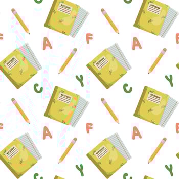 Pattern with notebook, pencil and letters. vector
