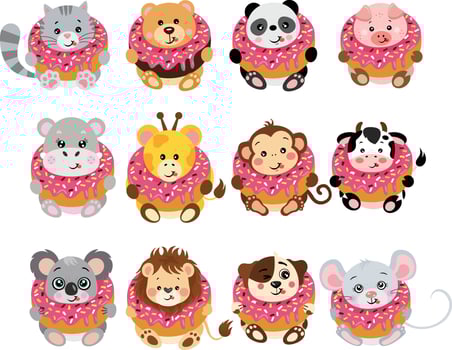 Set digital collage of cute animals inside a delicious donut vector