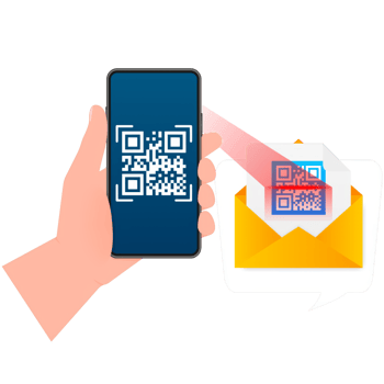 Hand holds phone with scan qr code to pay on screen. Phone on blue background. illustration png