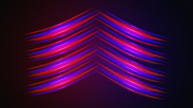 Vibrant red and blue neon light streaks arranged in a chevron pattern on a dark background, creating a futuristic and dynamic visual. vector