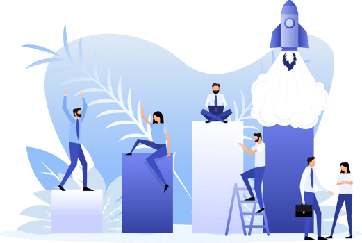 Rocket and people. Startup company launch png