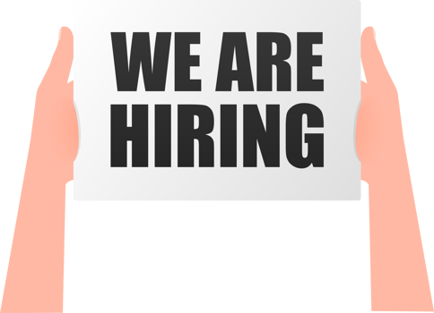 Hand holding signboard with text - we are hiring. Man showing billboard banner. illustration. png