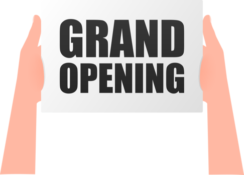 Hand holding signboard with text - Grand opening. Man showing billboard banner. illustration. png