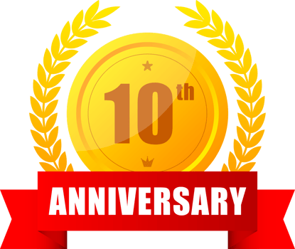 10 years anniversary gold button, label, logo on black backgrouund. illustration. png