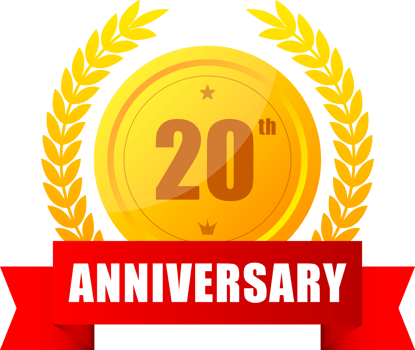 20 years anniversary gold button, label, logo on black backgrouund. illustration. png
