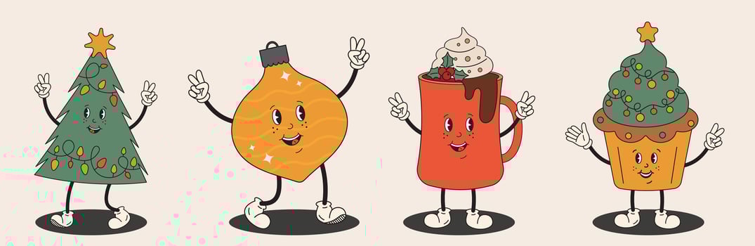 Christmas characters in groovy hippy style. Christmas tree, cupcake with winter holidays deco, coco, hot chocolate mug, bubble. For greeting cards, party invitation, banners. vector