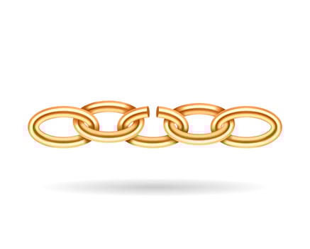 Realistic gold broken chain texture. Yellow color demage chains link isolated on white background. Three dimensional design element. vector