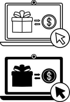 Buy Gift Online Icons. Black and White Icons. Laptop, Gift, and Dollar Coin. Holiday and Party Concept vector