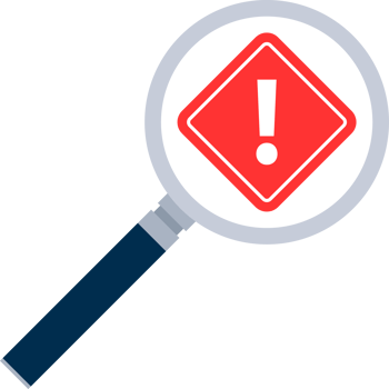 Alert sign in magnifying glass. Attention sign. Exclamation sign. png