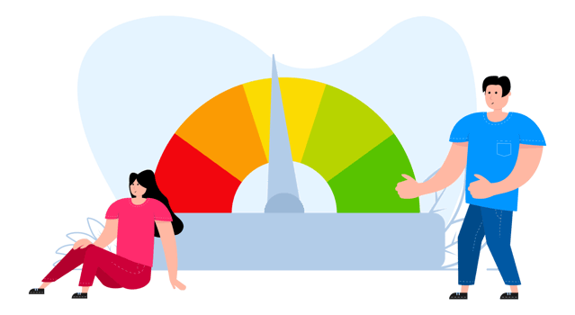 A man and a woman are standing near Satisfaction Quality Meter, Stress level. Optimization Page speed. png