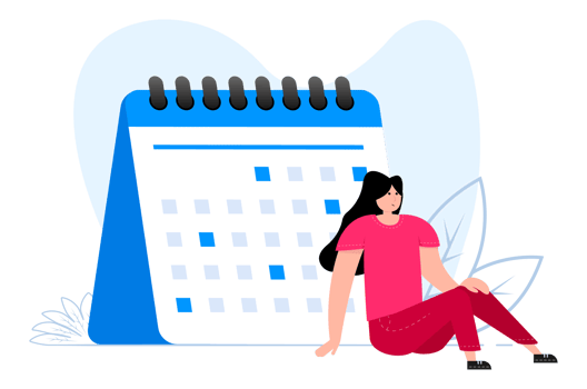 The girl sits near the calendar. Calendar Planning. Working and day planning. Reminder and timetable. png