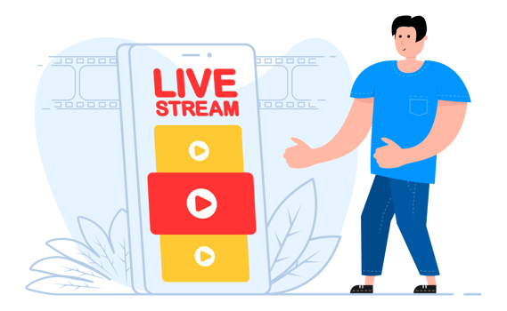 A man stands near the smartphone, on the screen live stream. Layer, broadcast, website. png