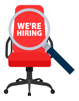 We are hiring join our team. Armchair with magnifying glass. Recruitment agency. png