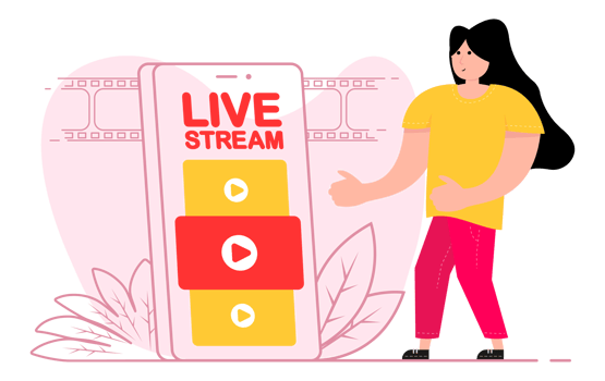 A woman stands near the smartphone, on the screen live stream. Layer, broadcast, website. png