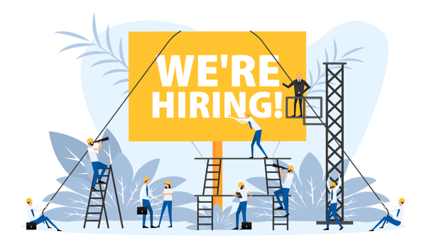 People stand near the placard we're hiring. Hand holding blank placard png
