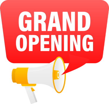 Megaphone label set with text grand opening. Grand opening announcement banner png