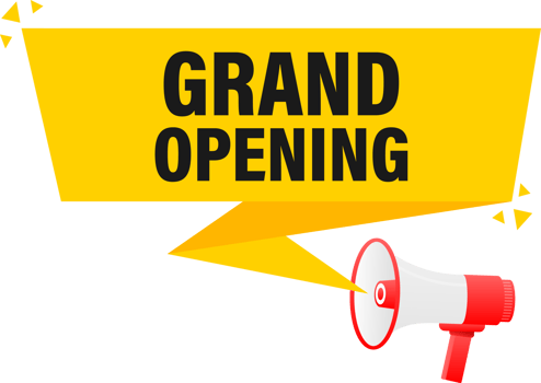 Megaphone label set with text grand opening. Grand opening announcement banner png