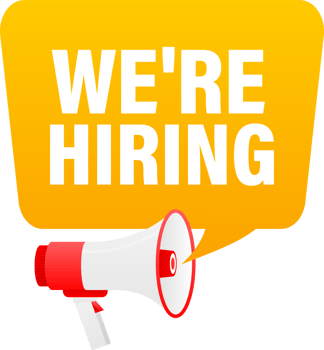 Megaphone label set with text We are hiring. We are hiring announcement banner png